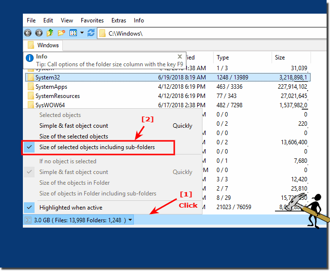Show folder size in the status bar
