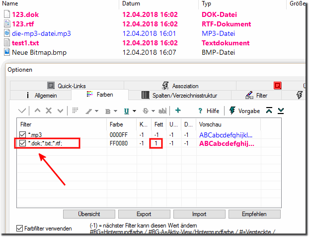 Quad-Explorer Listenansicht Farbfilter verwenden!